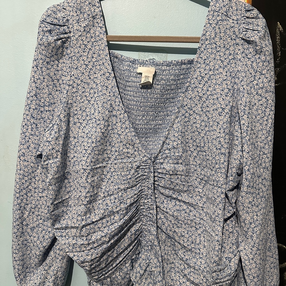 Blue Floral V-Neck Blouse